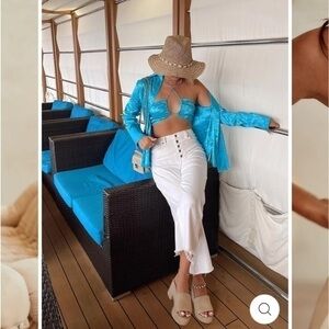 12th Tribe Jacquard Satin Blouse Teal Aqua Blue Kelsey Fank  Laura Vanessa L